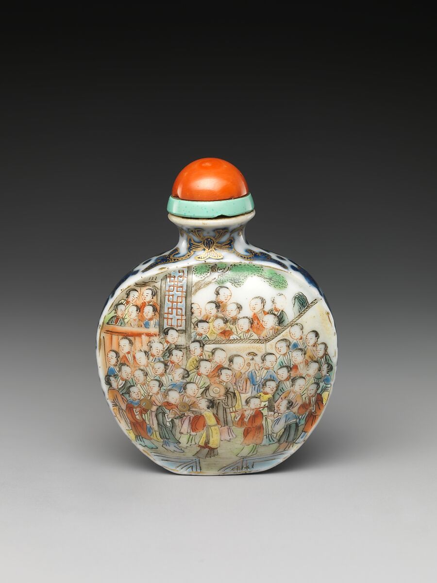 Snuff Bottle with Hundred Beauties, Porcelain with overglaze enamel colors, coral stopper, China 