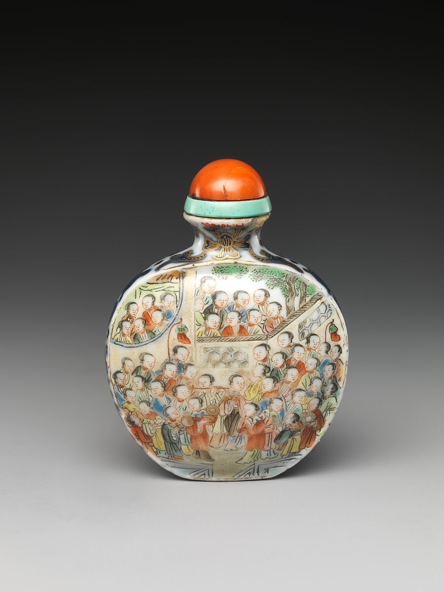 Snuff Bottle with Hundred Beauties, Porcelain with overglaze enamel colors, coral stopper, China