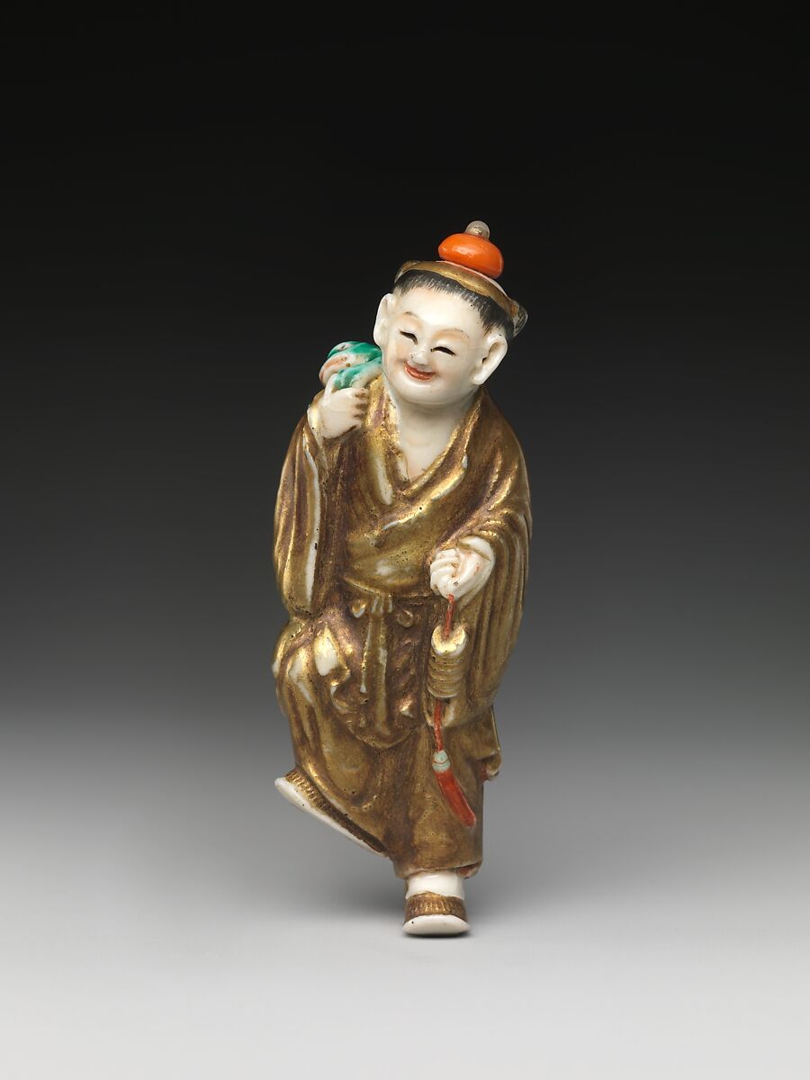 Snuff Bottle Depicting the Immortal Liu Hai, Porcelain with overglaze enamel colors, coral stopper, China 