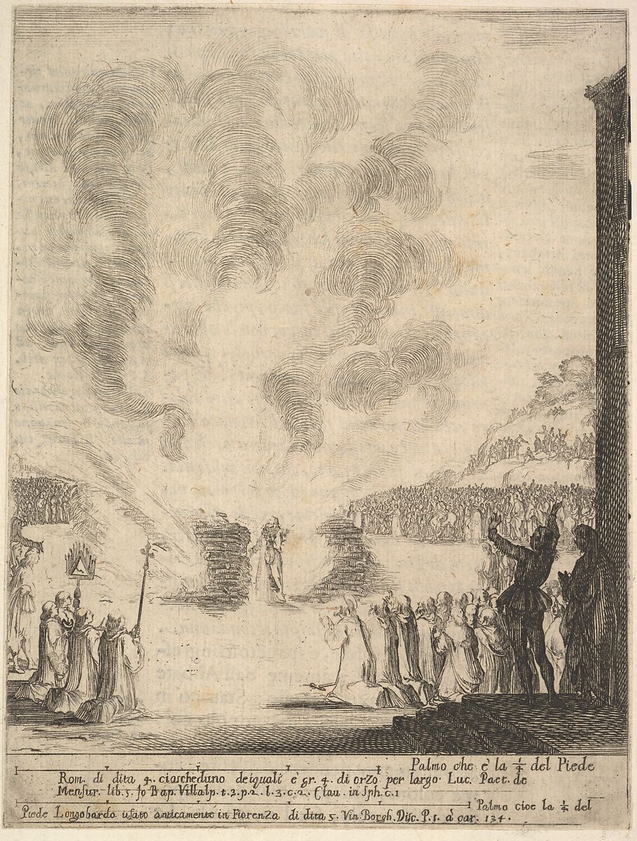 The test of fire, the monk Peter, the disciple Saint John Gualbert, passing through the flames from two pyres unharmed, various spectators to either side, from 'Frontispiece and four scenes from the life of Saint John Gualbert' (Frontispice et quatre vignettes pour une vie de Saint Jean Gualbert), Stefano della Bella (Italian, Florence 1610–1664 Florence), Etching 