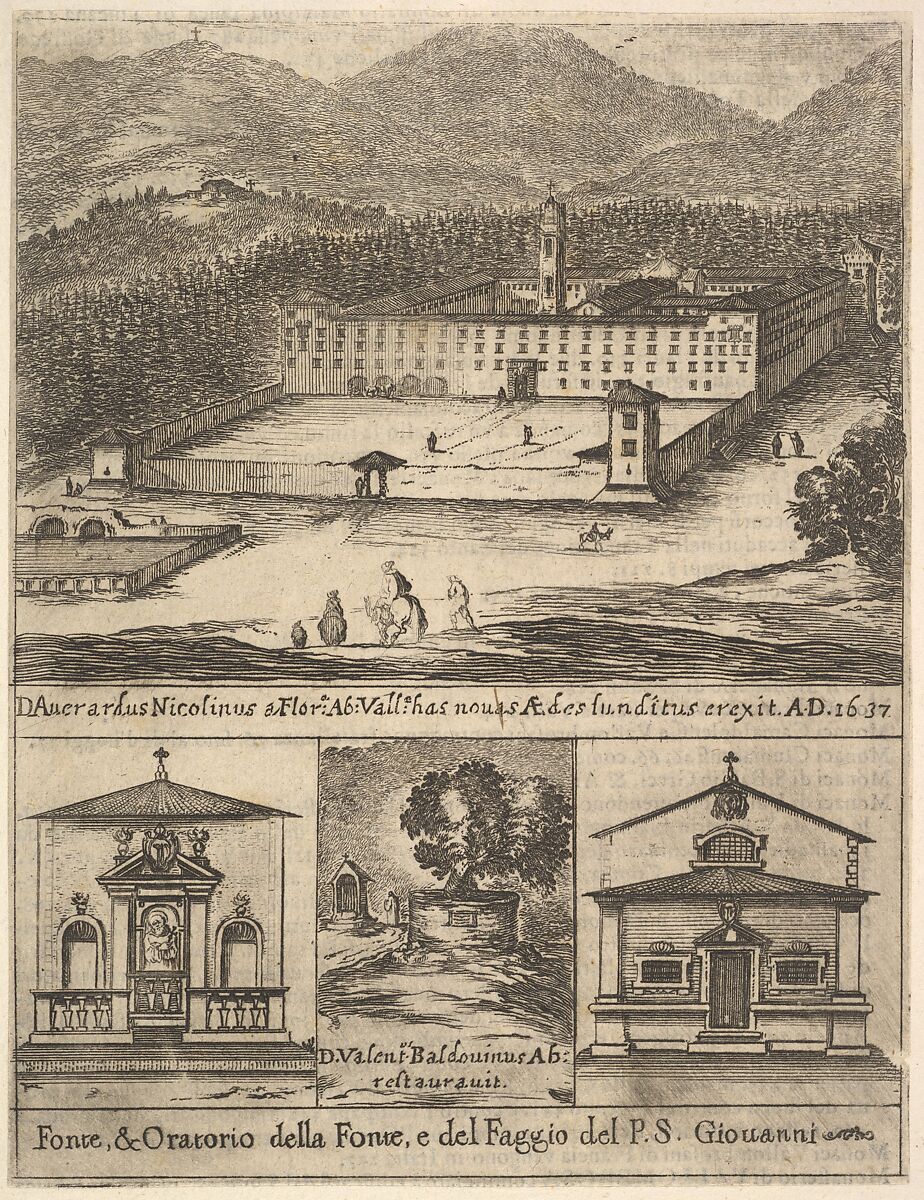 Four views: at top, a view of the new monastery of Vallombrosa, at bottom left and right, a view of a chapel, at bottom center, the tree of St. John Gualbert, from 'Frontispiece and four scenes from the life of Saint John Gualbert' (Frontispice et quatre vignettes pour une vie de Saint Jean Gualbert), Stefano della Bella (Italian, Florence 1610–1664 Florence), Etching 