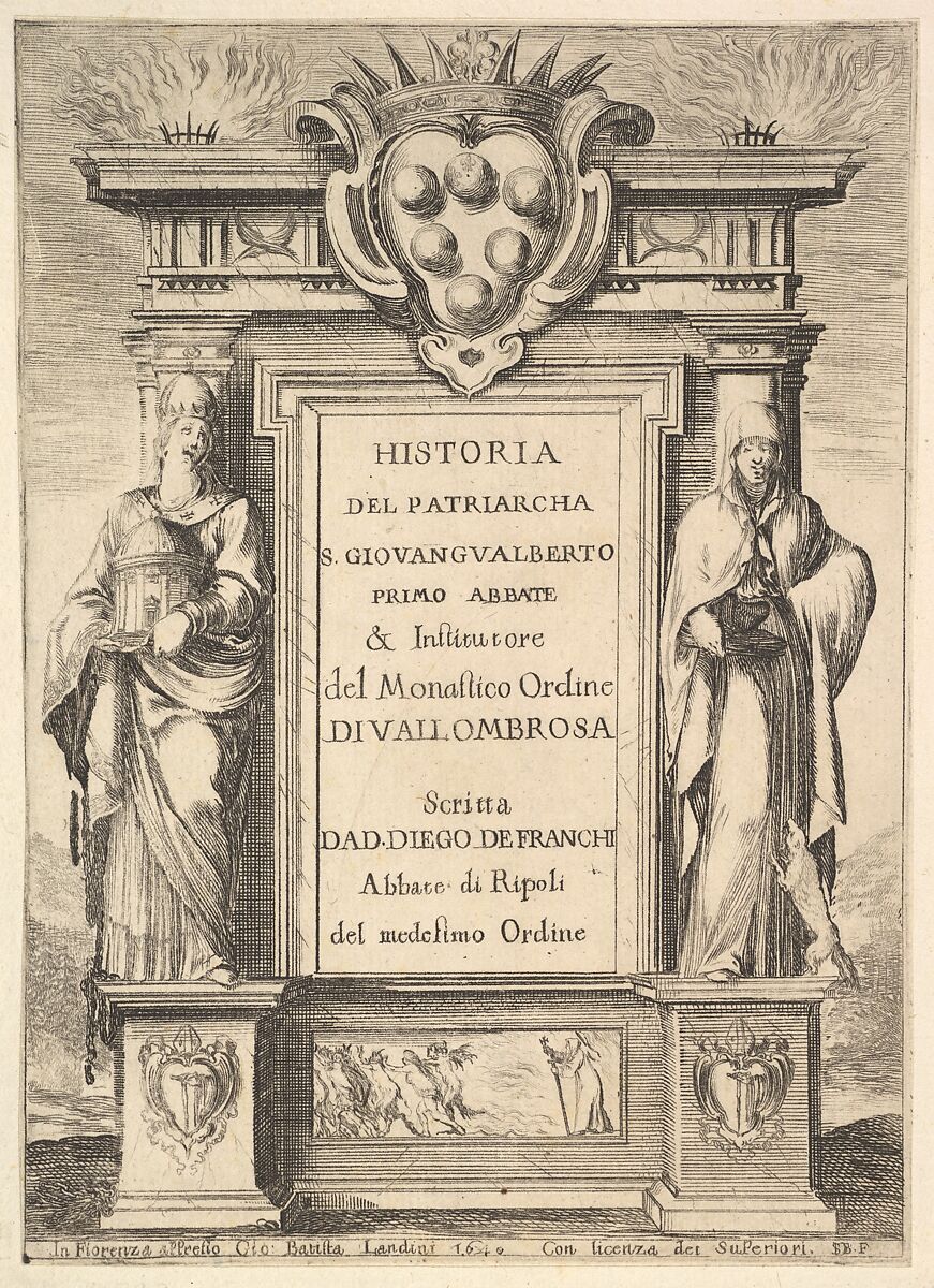 Frontispiece: a monument decorated with the Medici coat of arms at top in center, flames at top to either side, a hooded figure on right side of monument with a weasel below, a figure to left side wearing a papal crown, a scene of a monk chasing away demons with a cross on base of monument, from 'Frontispiece and four scenes from the life of Saint John Gualbert' (Frontispice et quatre vignettes pour une vie de Saint Jean Gualbert), Stefano della Bella (Italian, Florence 1610–1664 Florence), Etching 