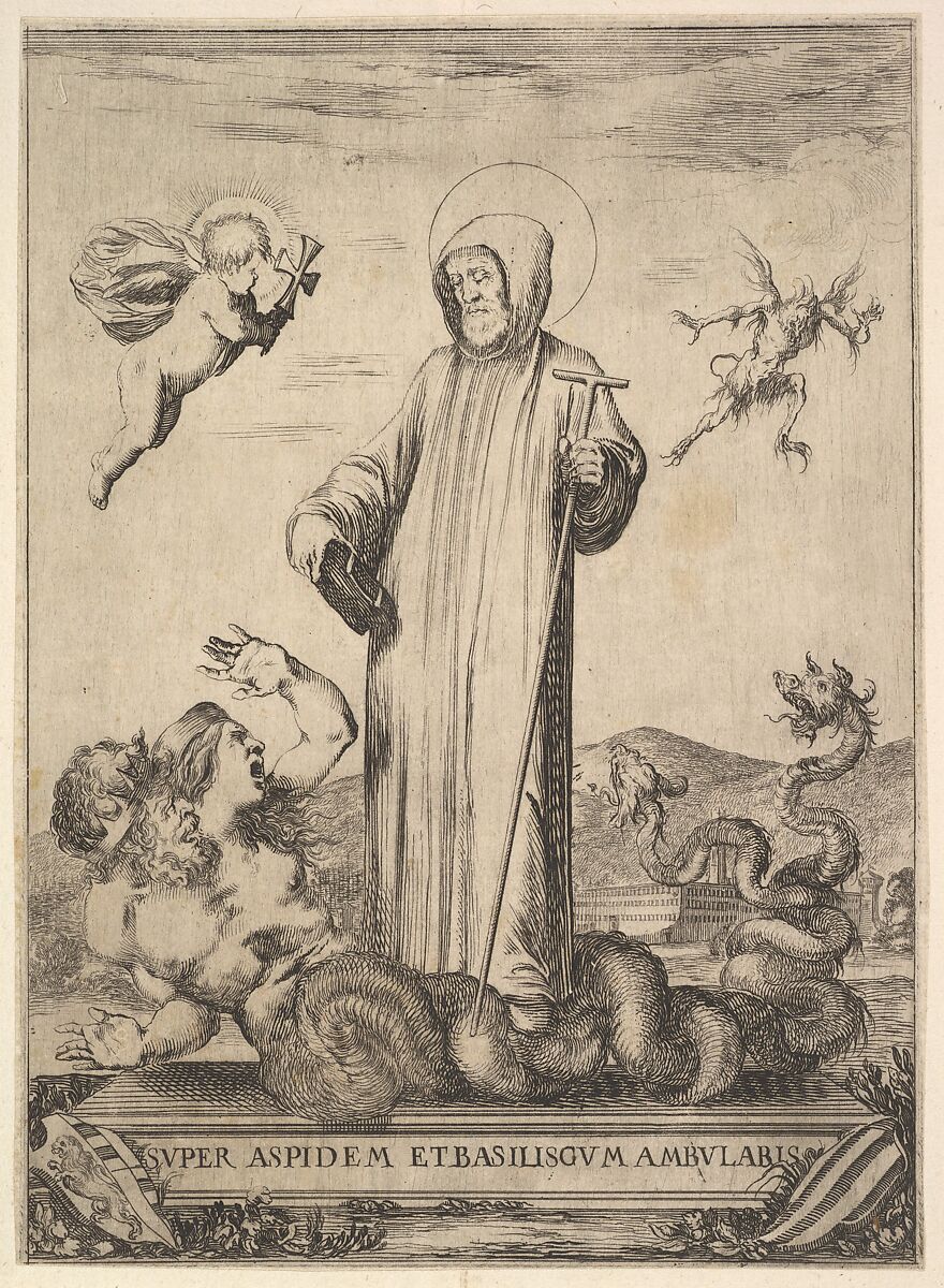 Saint Jean Gualbert trampling a monster with two human heads and a serpentine body, a flying demon in background to right, an angel with a cross flying to left, from 'Frontispiece and four scenes from the life of Saint John Gualbert' (Frontispice et quatre vignettes pour une vie de Saint Jean Gualbert), Stefano della Bella (Italian, Florence 1610–1664 Florence), Etching 