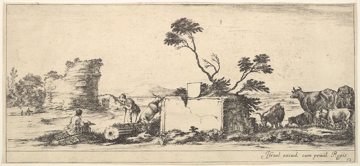 Plate 12: a seated draughtsman to left, a standing shepherd next to him to right, ruins and animals to the right, a tower in ruins to left in the background, from 'Various landscapes' (Divers paysages), Stefano della Bella (Italian, Florence 1610–1664 Florence), Etching; second state of two 