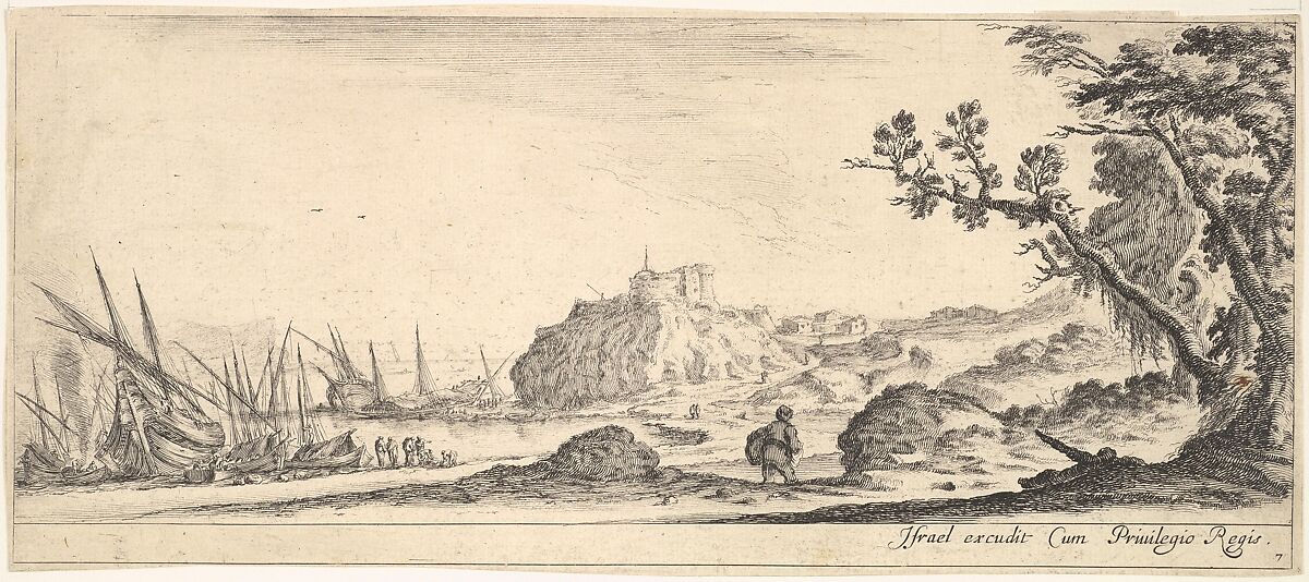 Plate 7: various boats on shore to left, a man carrying a bag, seen from behind and walking towards the background, a fortress in center background, a tree to the right, from 'Various landscapes' (Divers paysages), Stefano della Bella (Italian, Florence 1610–1664 Florence), Etching; second state of two 