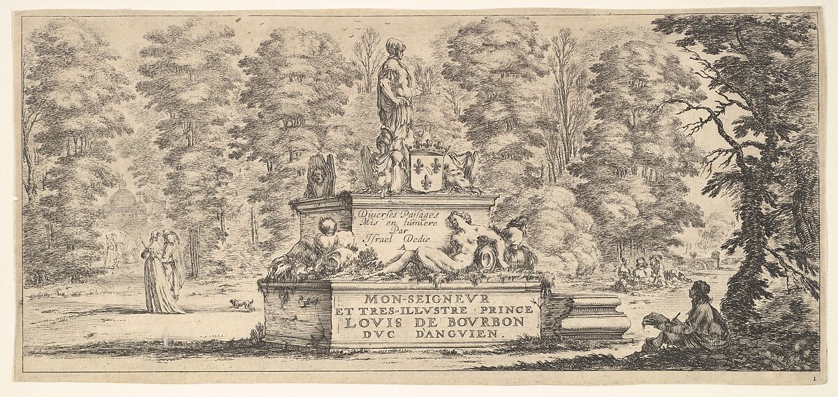 Plate 1: a monument with statues and a coat of arms in the center, a draughstman on the ground beneath a tree to right, two groups of lovers to left in the background, from 'Various landscapes' (Divers paysages), Stefano della Bella (Italian, Florence 1610–1664 Florence), Etching; second state of two 