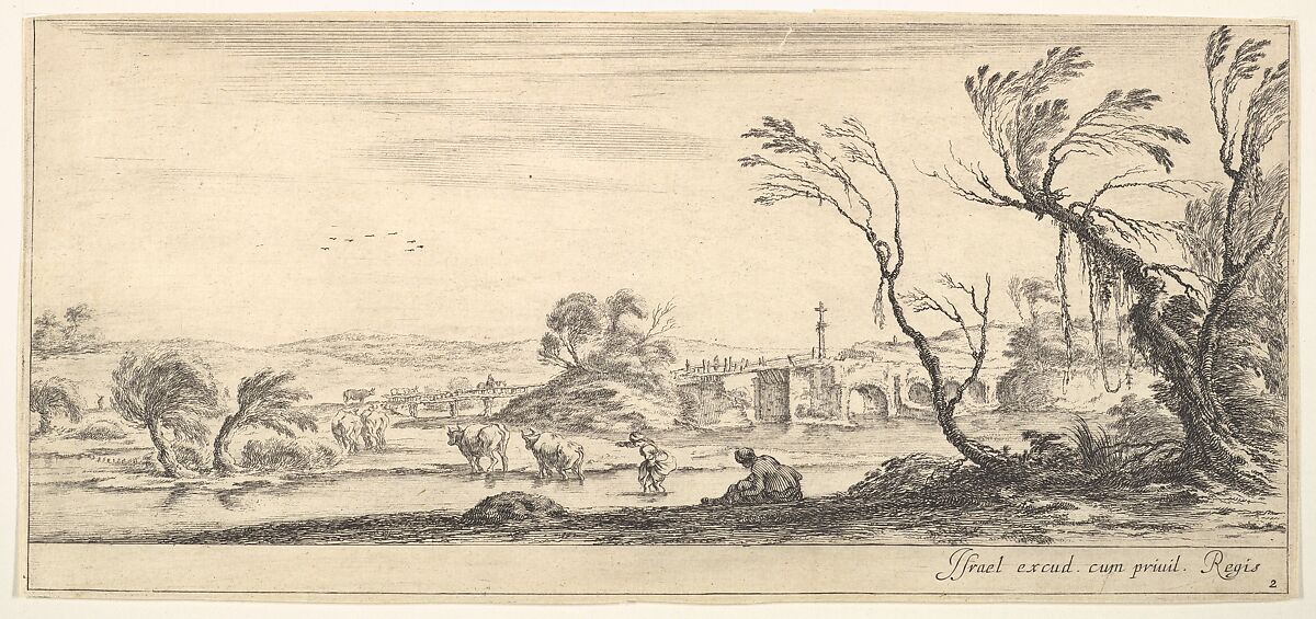 Plate 2: a peasant woman removing her shoes in center, another peasant woman and two cows in a stream to left, a bridge to right in the background, from 'Various landscapes' (Divers paysages), Stefano della Bella (Italian, Florence 1610–1664 Florence), Etching; second state of two 