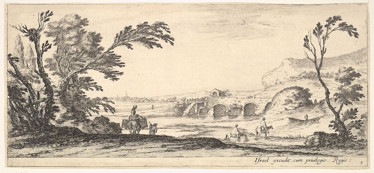 Plate 3: two horsemen crossing a river to right, a woman with two baskets atop a donkey to left, trees to the left and right, a bridge in the background, from 'Various landscapes' (Divers paysages), Stefano della Bella (Italian, Florence 1610–1664 Florence), Etching; second state of two 