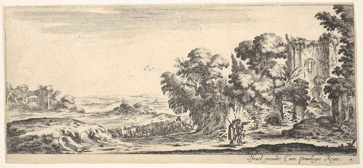 Plate 4: two pilgrims observing ruins to right, one pointing towards the right, a shepherd and a herd of cattle in center background, from 'Various landscapes' (Divers paysages), Stefano della Bella (Italian, Florence 1610–1664 Florence), Etching; second state of two 