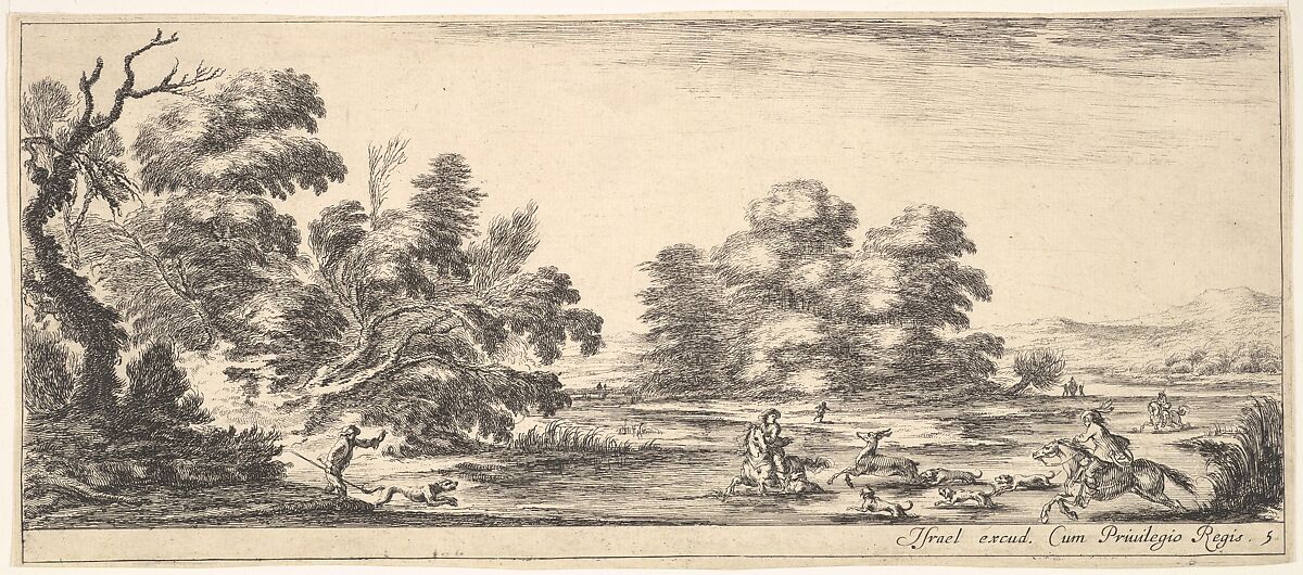 Plate 5:  two horsemen in a stream to right, riding towards the left, following four dogs chasing a stag, another dog running into the water from the left, from 'Various landscapes' (Divers paysages), Stefano della Bella (Italian, Florence 1610–1664 Florence), Etching; second state of two 