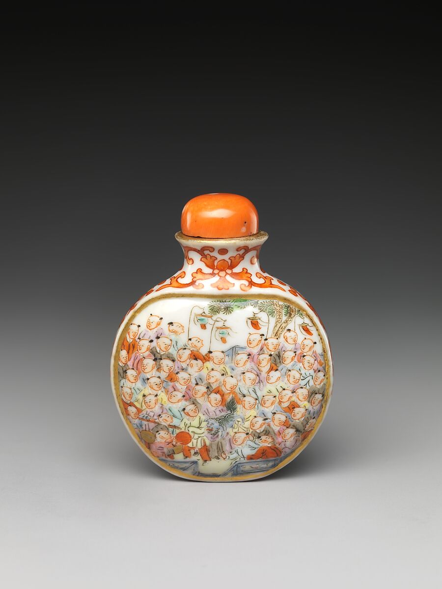 Snuff Bottle with One Hundred Children, Porcelain with overglaze enamel colors, coral stopper, China 