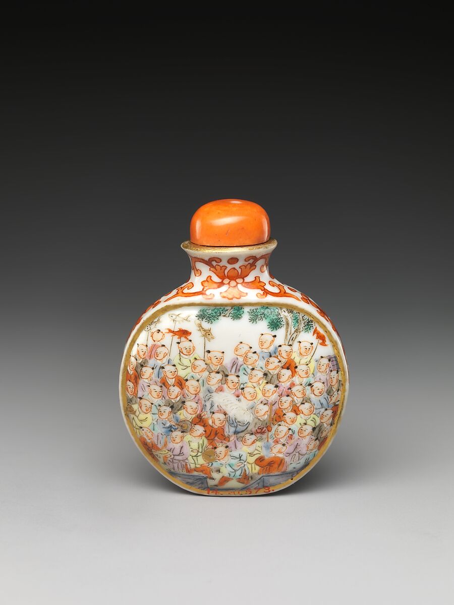 Snuff Bottle with One Hundred Children, Porcelain with overglaze enamel colors, coral stopper, China