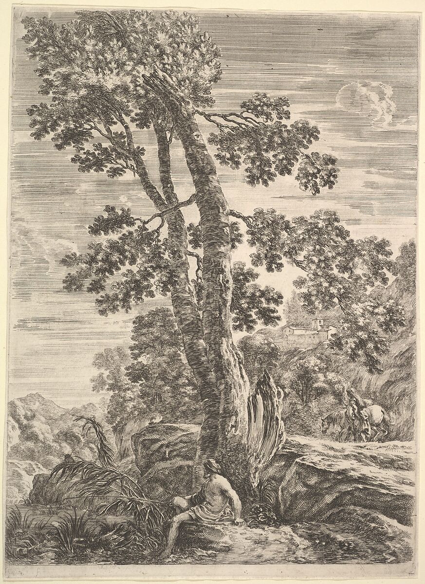 A fisherman at center facing left and leaning against a large tree, a woman walking next to a horse to right in the background, from 'Four large landscapes' (Quatre grands paysages en hauteur), Stefano della Bella (Italian, Florence 1610–1664 Florence), Etching 