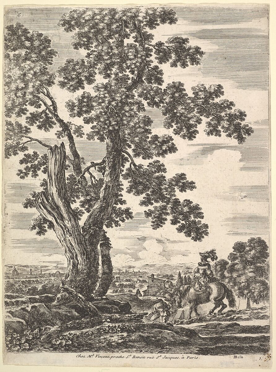 A woman on horseback seen from behind descending a hill to the right, a large tree to the left, landscape of Florence to left in the background, from 'Four large landscapes' (Quatre grands paysages en hauteur), Stefano della Bella (Italian, Florence 1610–1664 Florence), Etching; fourth state of four 