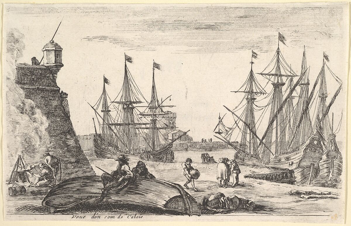 View of a part of Calais (Veue d'un coin de Calais), a man sitting on an overturned canoe on the pier in center, men cooking over a fire to left, various figures and two ships docked in the background, from 'Views of seaports' (Vues de ports de mar), Stefano della Bella (Italian, Florence 1610–1664 Florence), Etching 