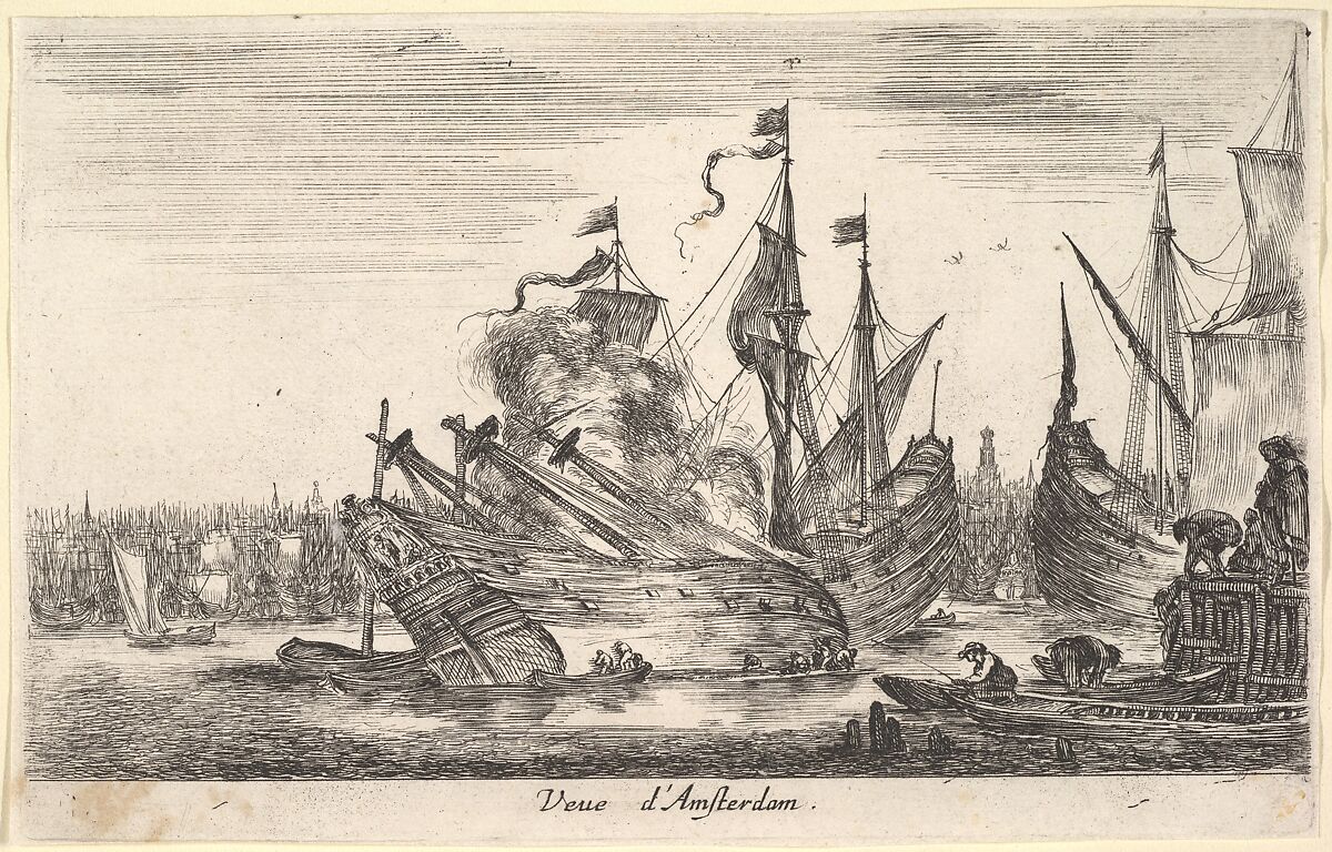 View of the Amsterdam seaport (Veue d'Amsterdam), men in rowboats work on a ship in center, other men stand on a dock to right, from 'Views of seaports' (Vues de ports de mar), Stefano della Bella (Italian, Florence 1610–1664 Florence), Etching; second state of two 