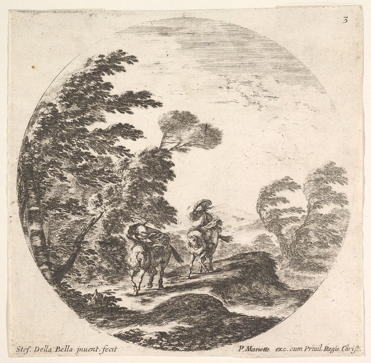 Plate 3: a gale in the forest, two horsemen wrapped in their cloaks, the wind is blowing from the left side, a round composition, from 'Roman landscapes and ruins' (Paysages et ruines de Rome), Stefano della Bella (Italian, Florence 1610–1664 Florence), Etching 