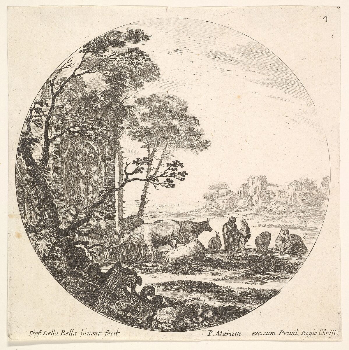 Plate 4: a Corinthian capital on the ground to left in the foreground, a monument with figures in low relief to left in the middleground, various animals and two shepherds to right, a round composition, from 'Roman landscapes and ruins' (Paysages et ruines de Rome), Stefano della Bella (Italian, Florence 1610–1664 Florence), Etching 