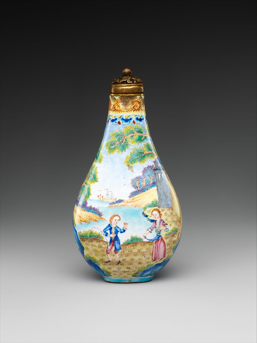 Snuff bottle with European figures, Painted enamel on copper with gilt bronze stopper, China 