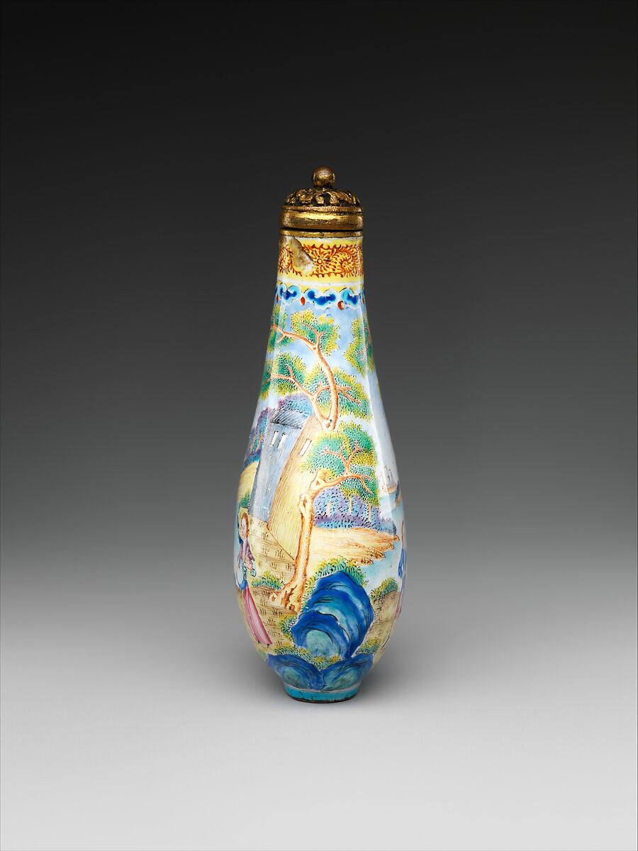 Snuff bottle with European figures, Painted enamel on copper with gilt bronze stopper, China