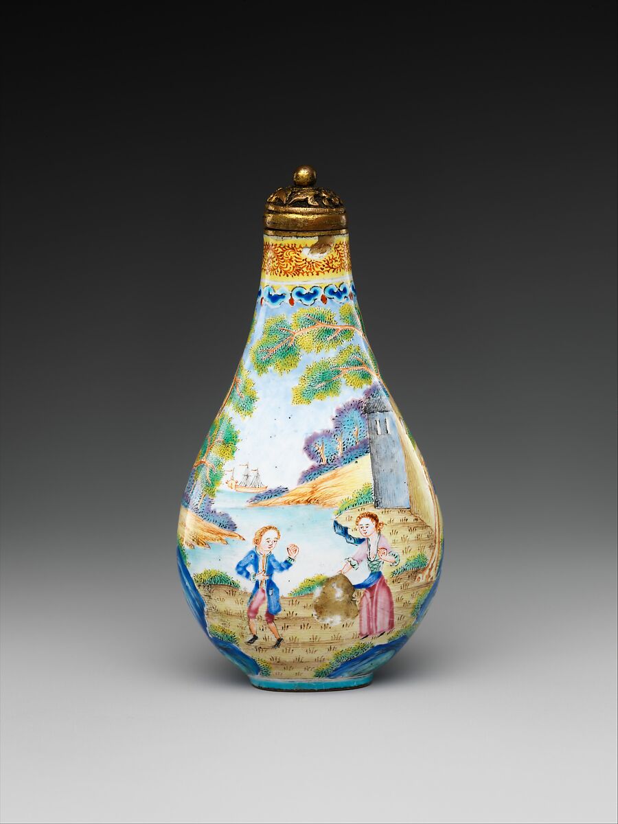 Snuff bottle with European figures, Painted enamel on copper with gilt bronze stopper, China