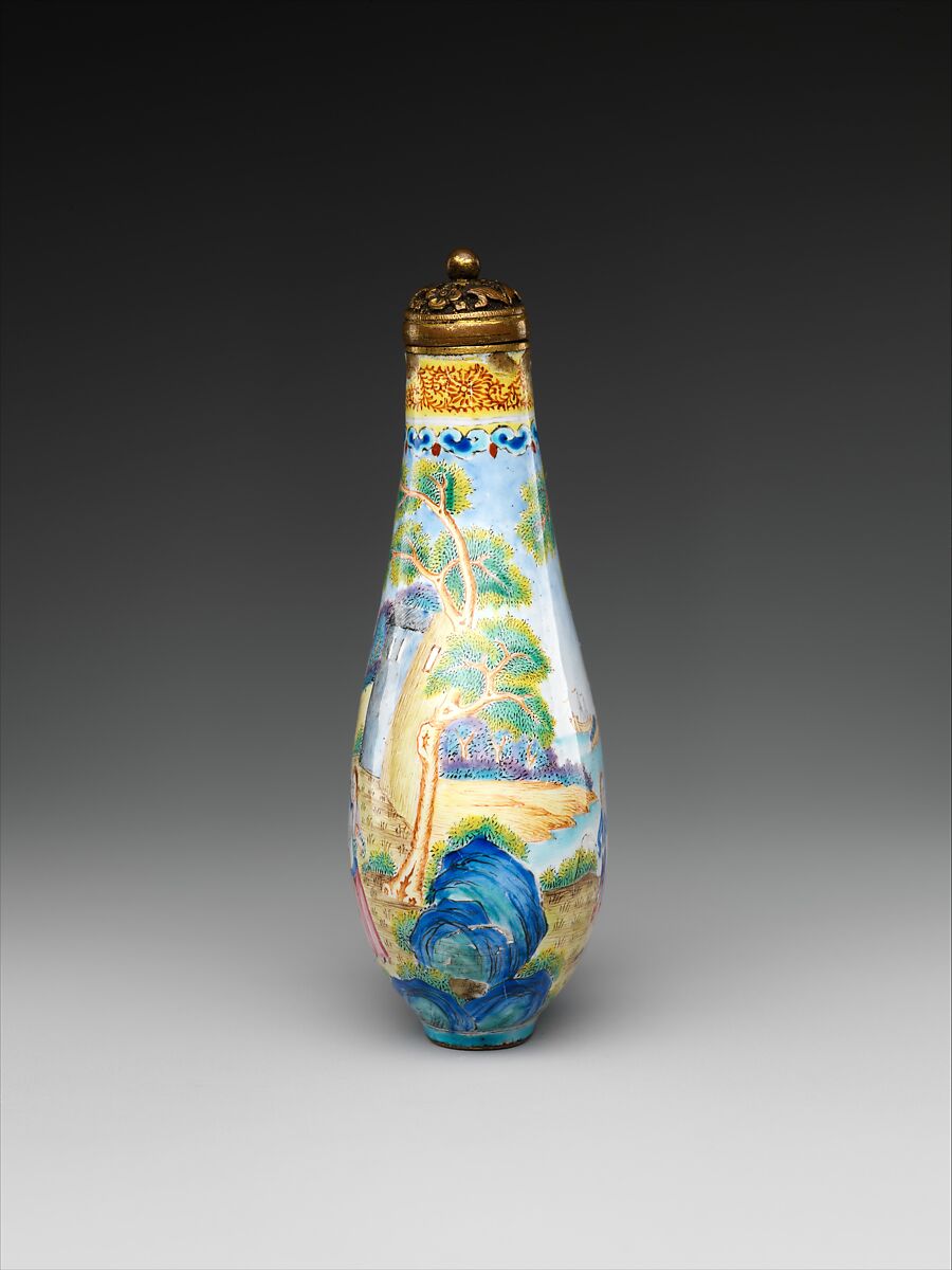 Snuff bottle with European figures, Painted enamel on copper with gilt bronze stopper, China