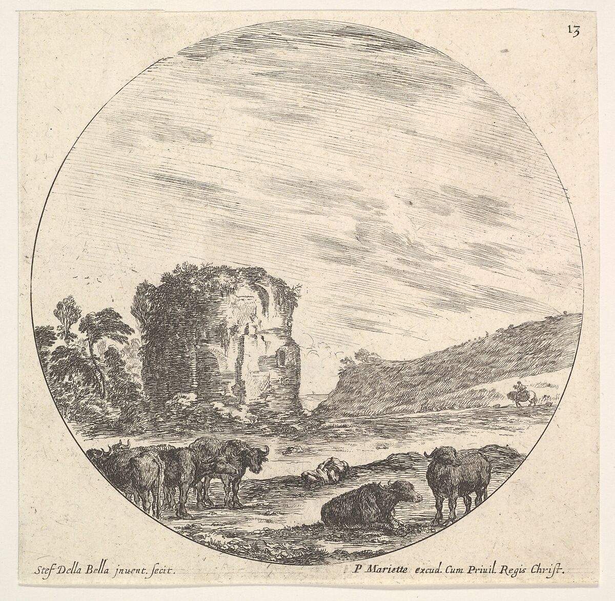 Plate 13: ruins of an ancient temple in the background, a herd of cows in the foreground, a round composition, from 'Roman landscapes and ruins' (Paysages et ruines de Rome), Stefano della Bella (Italian, Florence 1610–1664 Florence), Etching 