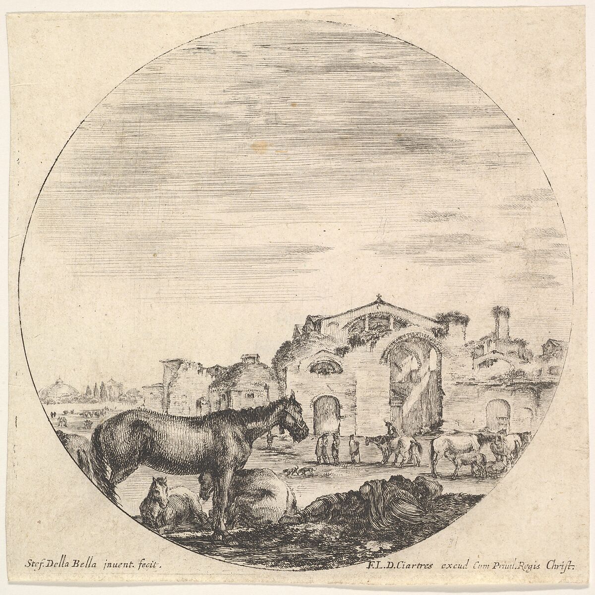 Plate 12: a shepherd sleeping on the ground to right, three horses to left, other horses and various figures to right, the Baths of Diocletian in the background, a round composition, from 'Roman landscapes and ruins' (Paysages et ruines de Rome), Stefano della Bella (Italian, Florence 1610–1664 Florence), Etching 
