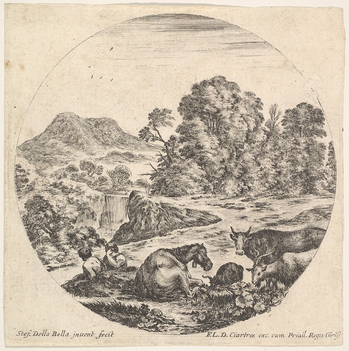 Plate 10: a horse lying down in center, a cow and two goats to right, two seated shepherds to left, a waterfall and a mountain to left in the background, a round composition, from 'Roman landscapes and ruins' (Paysages et ruines de Rome), Stefano della Bella (Italian, Florence 1610–1664 Florence), Etching 