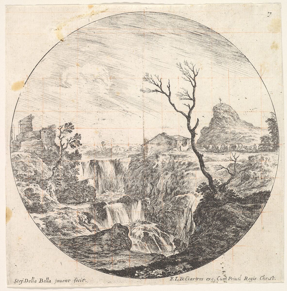 Plate 7: a triple waterfall, a dead tree to right, a mountain and a herd of cows to right in the background, a round composition, from 'Roman landscapes and ruins' (Paysages et ruines de Rome), Stefano della Bella (Italian, Florence 1610–1664 Florence), Etching 