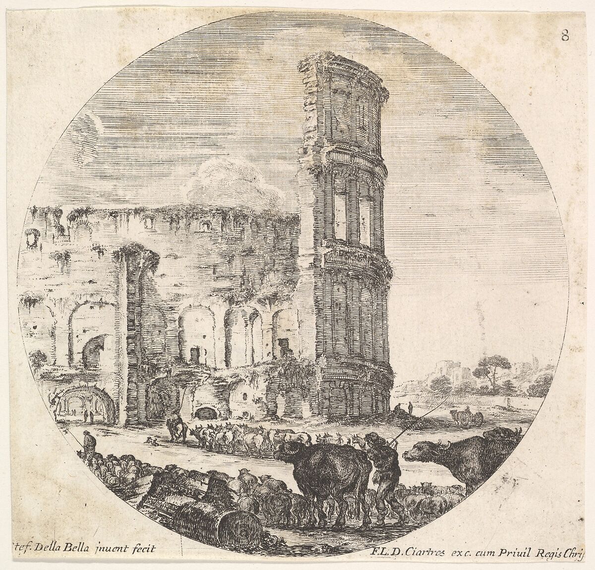 Plate 8: the Colosseum, two herds being directed towards the amphitheater in the foreground, a round composition, from 'Roman landscapes and ruins' (Paysages et ruines de Rome), Stefano della Bella (Italian, Florence 1610–1664 Florence), Etching 
