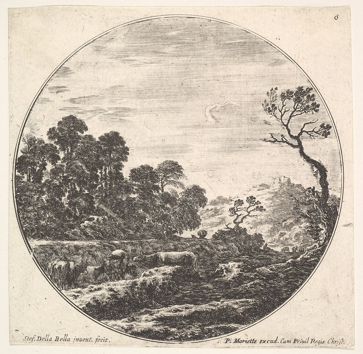 Plate 6: cows crossing a valley to left, a group of trees to left, a horseman and other cows in the background, a round composition, from 'Roman landscapes and ruins' (Paysages et ruines de Rome), Stefano della Bella (Italian, Florence 1610–1664 Florence), Etching 