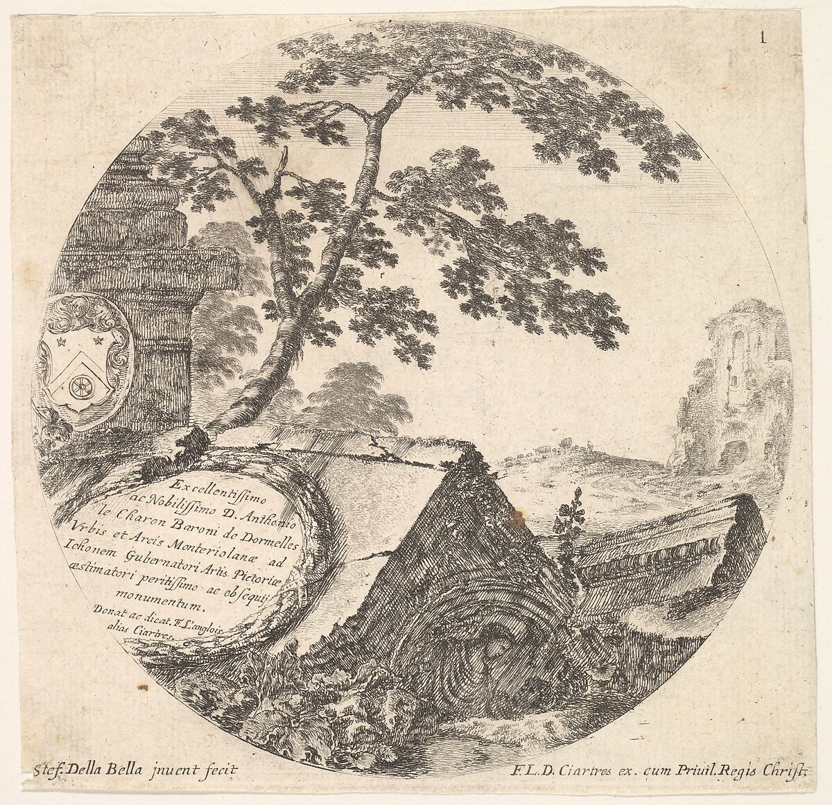 Plate 1: various fragments of ancient monuments, a round composition, from 'Roman landscapes and ruins' (Paysages et ruines de Rome), Stefano della Bella (Italian, Florence 1610–1664 Florence), Etching 
