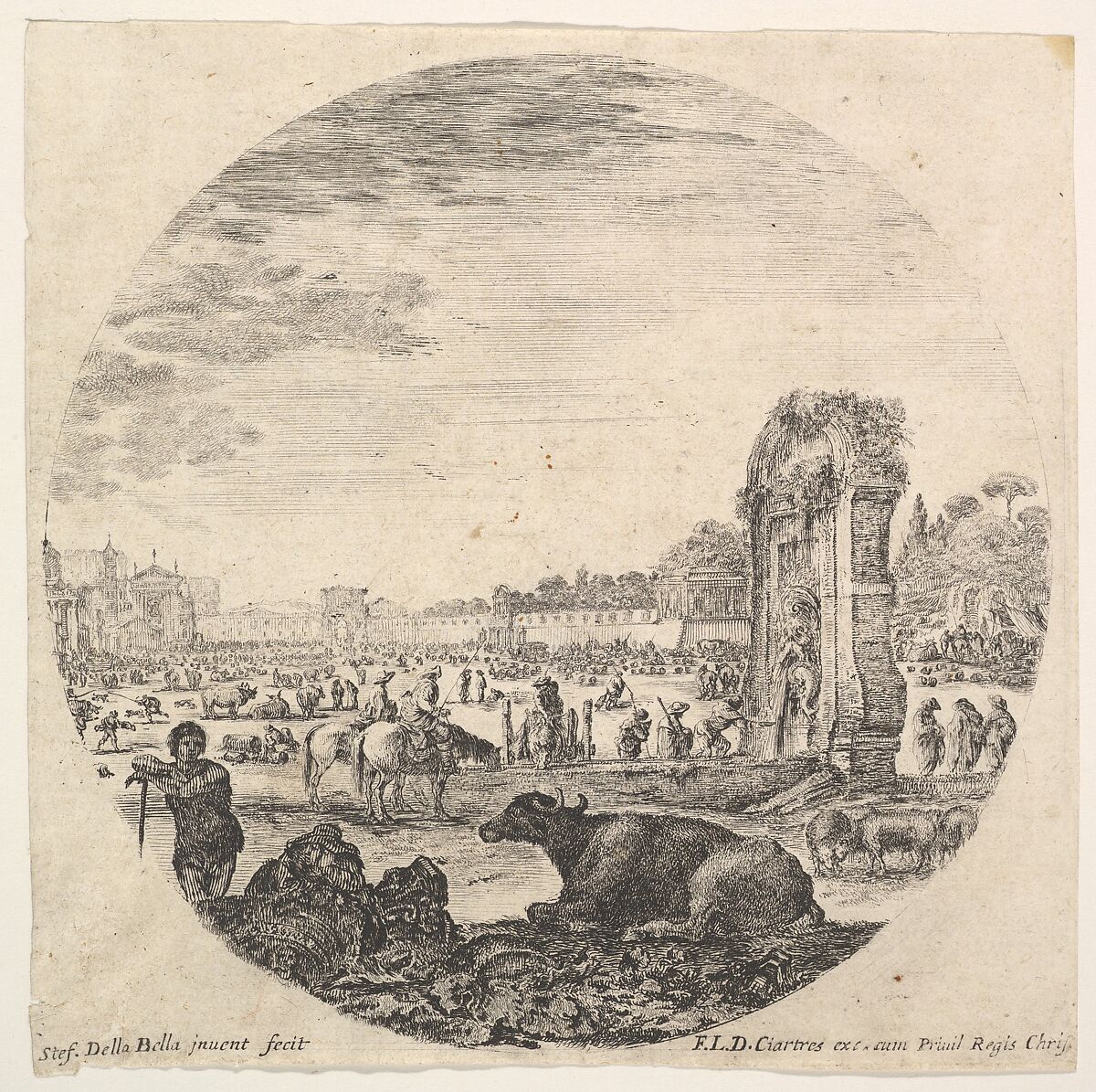 Plate 2: Campo Vaccino, a buffalo and two shepherds in center, the Fontanone to right in the middleground, various animals and people in the background, a round composition, from 'Roman landscapes and ruins' (Paysages et ruines de Rome), Stefano della Bella (Italian, Florence 1610–1664 Florence), Etching 