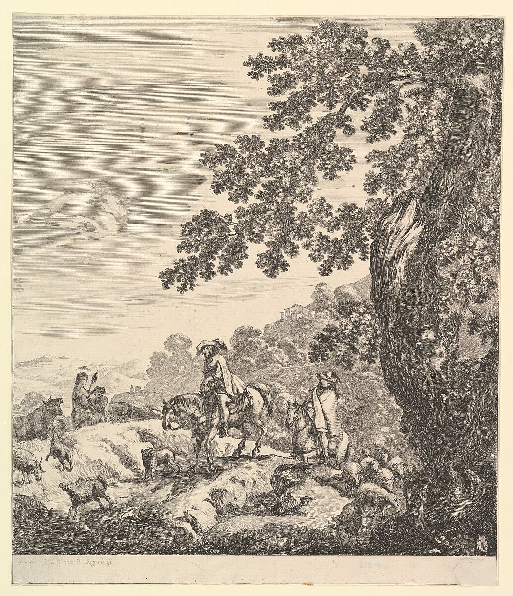 Two horsemen, a peasant woman and a young boy, with a large tree, from "Six large views, four of Rome and two of the Roman countryside" (Six grandes vues, dont quatre de Rome et deux de la Campagne romaine), Stefano della Bella (Italian, Florence 1610–1664 Florence), Etching 