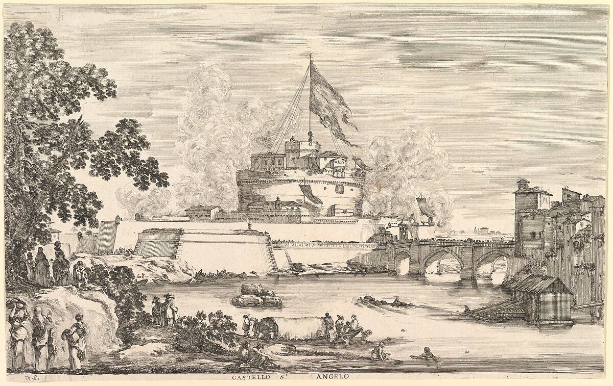 View of the Tiber river, a large tree to left, two groups of women to left in the foreground, a bridge leading to the Castello Sant'Angelo to left, above which a large flag is hoisted, clouds of gunsmoke to right and left of the castle, Stefano della Bella (Italian, Florence 1610–1664 Florence), Etching 