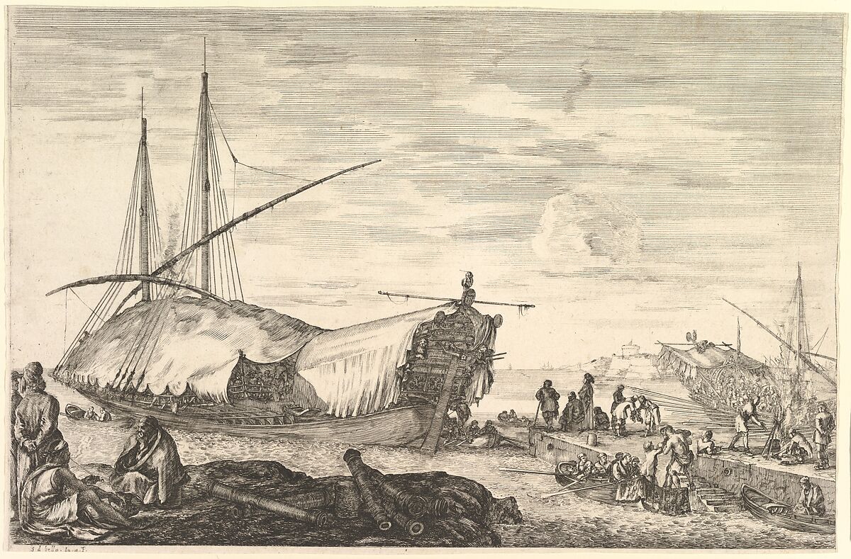 A galley covered in sails to left, six cannons and four people to left in foreground, one man seated at far left smoking a pipe, a man assisting others disembarking from rowboats to right, other rowboats and ships in the background, from 'Views of the port of Livorno' (Vues du port de Livourne), Stefano della Bella (Italian, Florence 1610–1664 Florence), Etching 