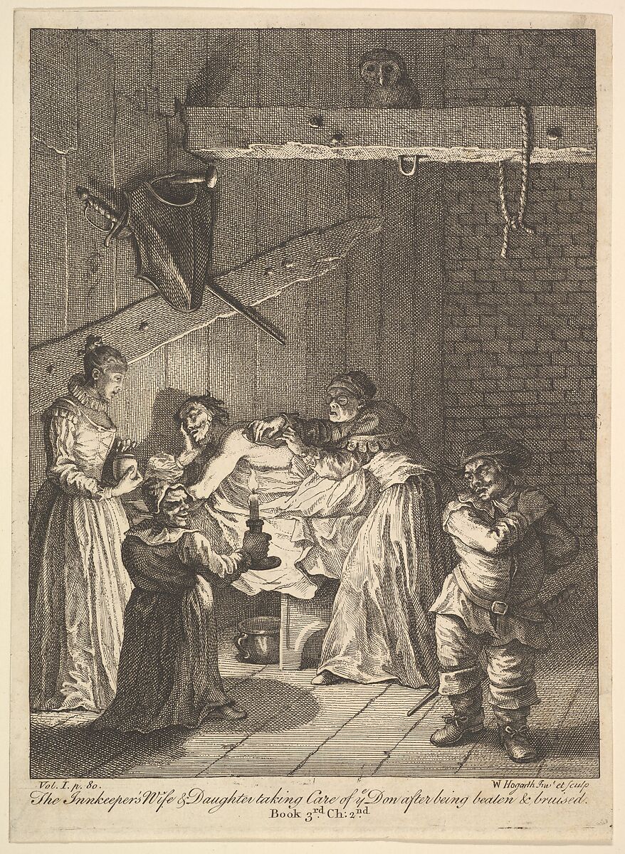 The Innkeeper's Wife and Daughter Taking Care of ye Don after Being Beaten and Bruised (Six Illustrations for Don Quixote), William Hogarth (British, London 1697–1764 London), Etching and engraving; third state of three 