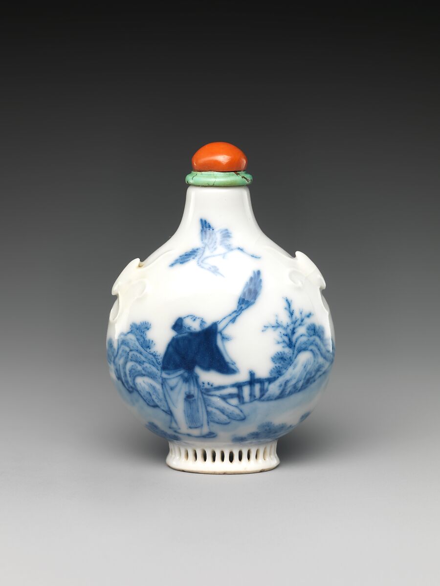 Snuff Bottle with Immortal and Crane, Porcelain with underglaze blue, coral stopper, China