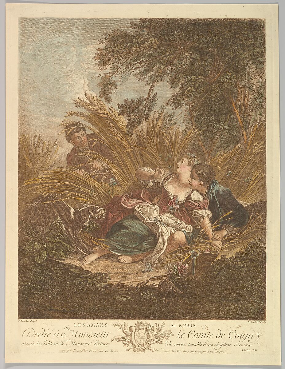 Les Amans Surpris (The Surprised Lovers), René Gaillard (French, ca. 1719–1790 Paris), Colored etching and engraving 