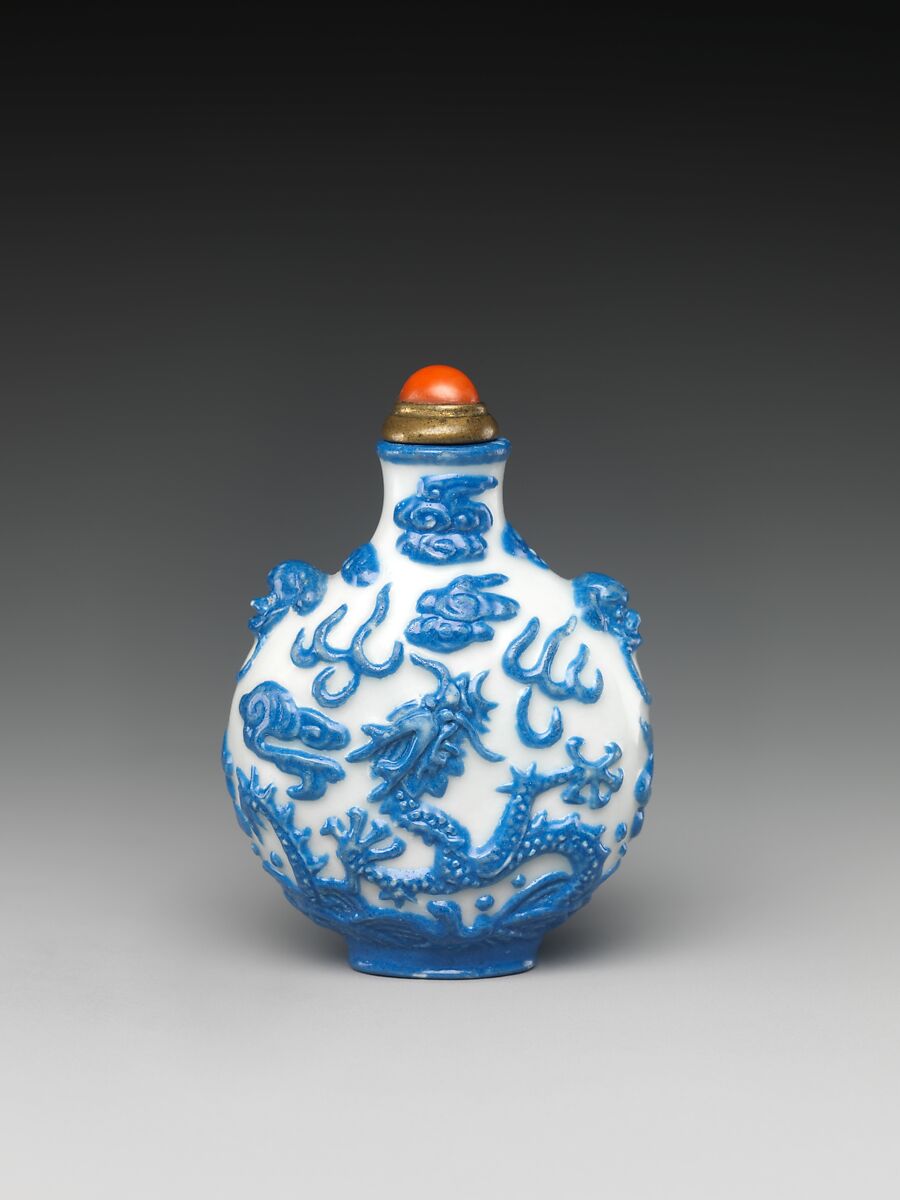 Snuff Bottle with Dragon Chasing a Flaming Pearl, Porcelain in imitation of glass with coral stopper, China