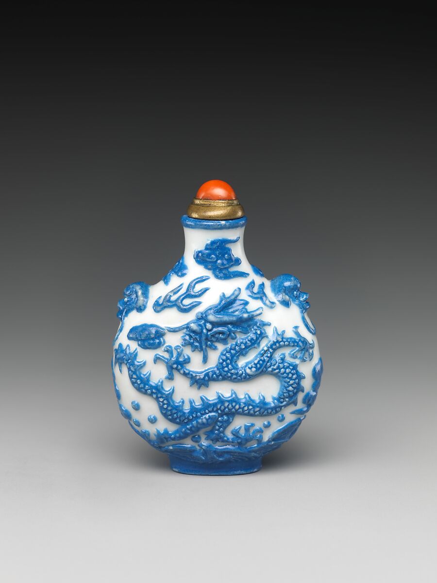 Snuff Bottle with Dragon Chasing a Flaming Pearl, Porcelain in imitation of glass with coral stopper, China 