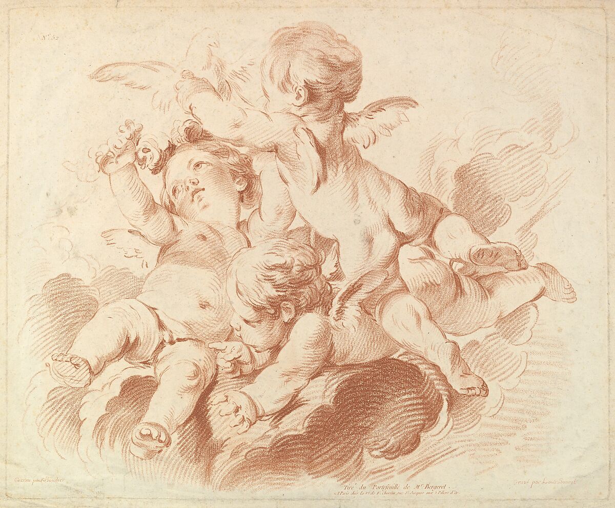 L'Air (The Air): A Group of Three Putti on Clouds, Louis Marin Bonnet (French, Paris 1736–1793 Saint-Mandé, Val-de-Marne), Crayon-manner engraving in red ink 