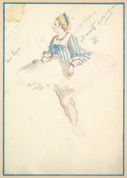 Costume Design for Seventh Ballet Girl (Short White and Blue Striped Dress), from the play "Captain Jinks of the Horse Marines", Percy Anderson (British, 1850/51–1928 London), Watercolor over graphite 