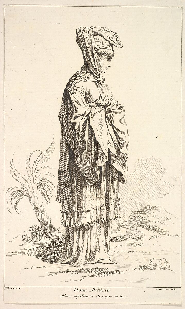 Dona Mitilena, plate 3 from "Recueil de diverses fig.res étrangeres Inventées par F. Boucher P.tre du Roy et Gravées par F. Ravenet" (Collection of Various Foreign Figures, Devised by F. Boucher, Painter of the King and Engraved [etched] by F. Ravenet), Simon Francis Ravenet, the elder (French, Paris 1706–1774 London), Etching and engraving 