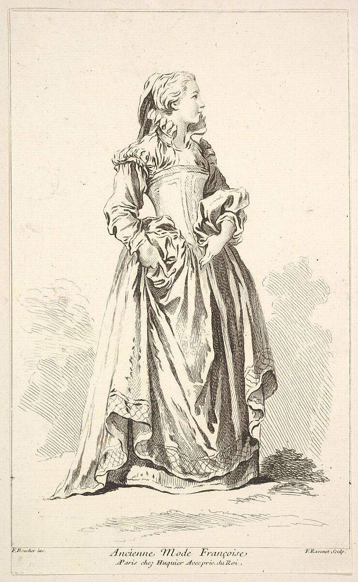 Ancienne Mode Françoise, plate 4 from "Recueil de diverses fig.res étrangeres Inventées par F. Boucher P.tre du Roy et Gravées par F. Ravenet" (Collection of Various Foreign Figures, Devised by F. Boucher, Painter of the King and Engraved [etched] by F. Ravenet), Simon Francis Ravenet, the elder (French, Paris 1706–1774 London), Etching and engraving 