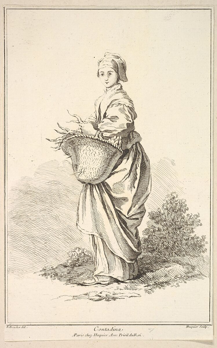 Contadina, plate 11 from "Recueil de diverses fig.res étrangeres Inventées par F. Boucher P.tre du Roy et Gravées par F. Ravenet" (Collection of Various Foreign Figures, Devised by F. Boucher, Painter of the King and Engraved [etched] by F. Ravenet), Gabriel Huquier (French, Orléans 1695–1772 Paris), Etching and engraving 