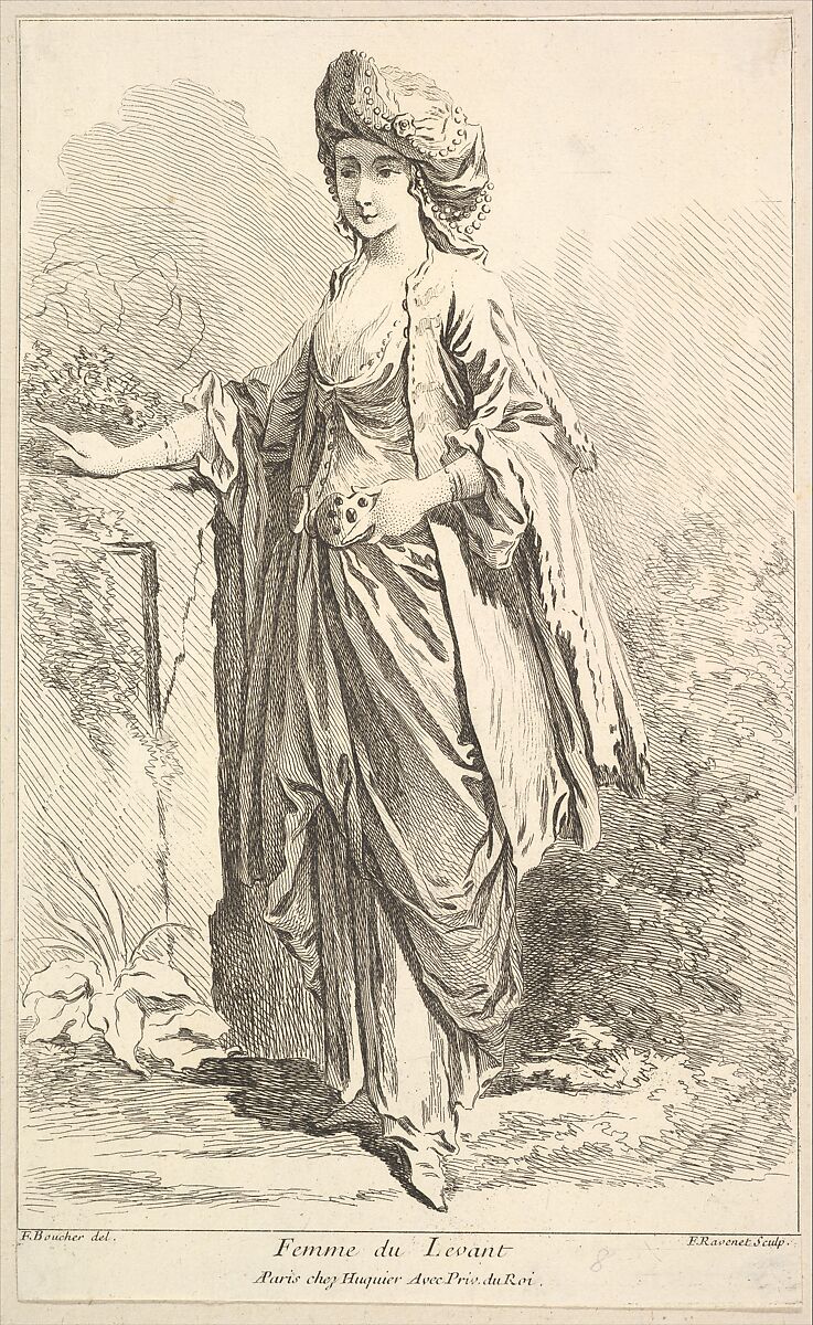 Femme du Levant, plate 8 from "Recueil de diverses fig.res étrangeres Inventées par F. Boucher P.tre du Roy et Gravées par F. Ravenet" (Collection of Various Foreign Figures, Devised by F. Boucher, Painter of the King and Engraved [etched] by F. Ravenet), Simon Francis Ravenet, the elder (French, Paris 1706–1774 London), Etching and engraving 