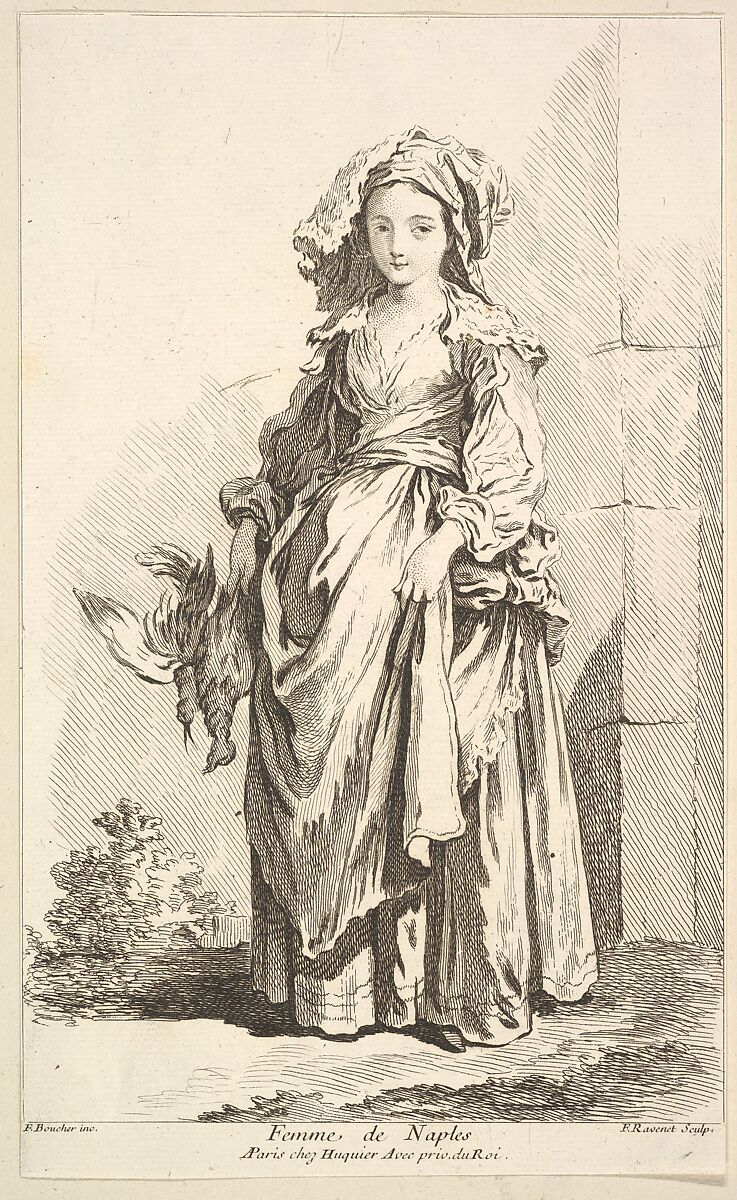 Femme de Naples, plate 2 from "Recueil de diverses fig.res étrangeres Inventées par F. Boucher P.tre du Roy et Gravées par F. Ravenet" (Collection of Various Foreign Figures, Devised by F. Boucher, Painter of the King and Engraved [etched] by F. Ravenet), Simon Francis Ravenet, the elder (French, Paris 1706–1774 London), Etching and engraving 