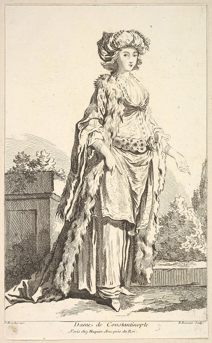 Dame de Constantinople, plate 5 from "Recueil de diverses fig.res étrangeres Inventées par F. Boucher P.tre du Roy et Gravées par F. Ravenet" (Collection of Various Foreign Figures, Devised by F. Boucher, Painter of the King and Engraved [etched] by F. Ravenet), Simon Francis Ravenet, the elder  French, Etching and engraving